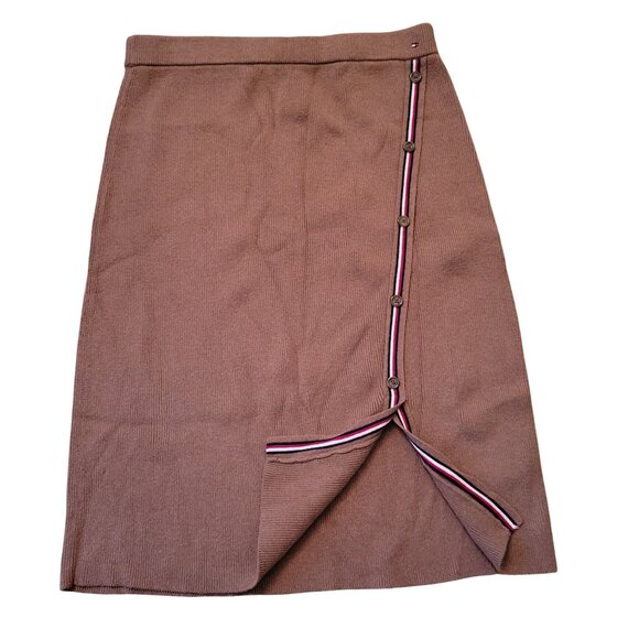 Tommy Hilfiger Brown Knit Skirt Buttons Striped Trim L Front Slit - Picture 5 of 8